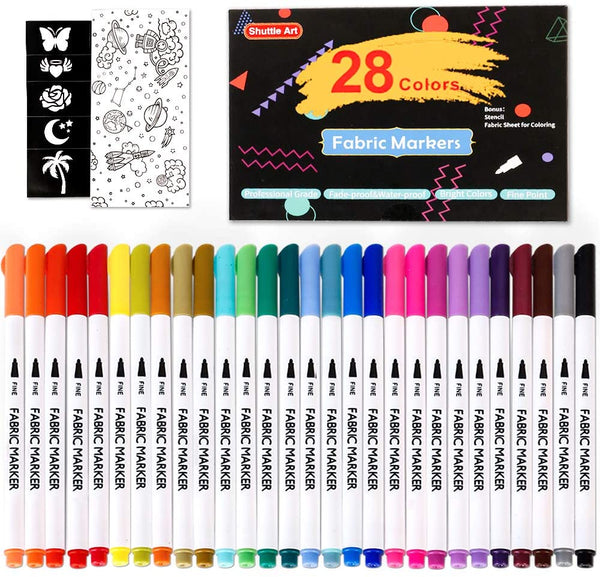 28 Colors Fabric Markers, Shuttle Art Fabric Markers Permanent Markers for T-Shirts Clothes Sneakers Jeans with 11 Stencils 1 Fabric Sheet,Permanent Fabric Pens for Kids Adult Painting Writing - Arteztik