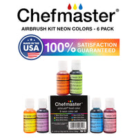 Chefmaster – Kit de aerógrafo de neón – Airbrush Food Coloring – Paquete de 6 – altamente pigmentado, colores vibrantes, funciona con cualquier herramienta de aerógrafo, colores resistentes a la decoloración - Arteztik
