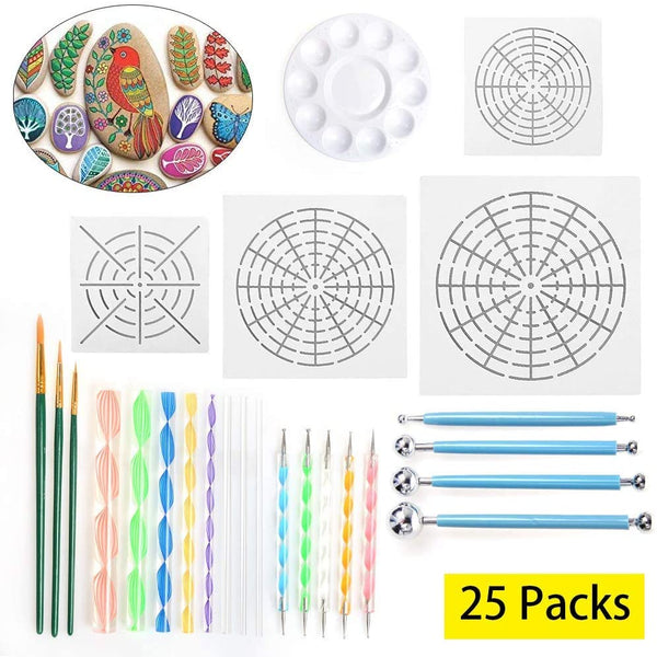 LAMPTOP - Lote de 25 herramientas de dibujo de mandala, incluye plantillas de mandala, bolígrafo de dibujo de mandala, bandeja de pintura, cepillo y herramientas de modelado para pintar rocas, bolígrafos, herramientas de punto, manualidades para niños - Arteztik