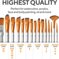Benicci Paint Brush Set of 16 – 15 Different Shapes + 1 Flat Brush – with Pallete Knife and Sponge – Nylon Hair and Ergonomic Non Slip Matte Silver Handles - with Standable Organizing Case - Arteztik