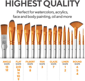 Benicci Paint Brush Set of 16 – 15 Different Shapes + 1 Flat Brush – with Pallete Knife and Sponge – Nylon Hair and Ergonomic Non Slip Matte Silver Handles - with Standable Organizing Case - Arteztik