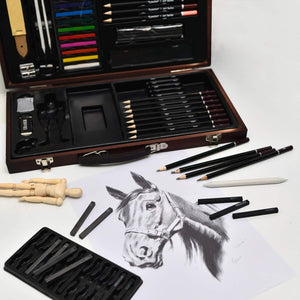 Juego de 58 piezas de arte profesional portátil para bocetos y dibujo con herramientas de dibujo para artistas en ciernes, kit de dibujo y dibujo con estuche de madera - Arteztik