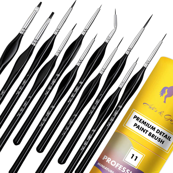 Detail Paint Brushes Set of 11 Artist Quality for Miniatures - Liners, Rounds, Flats for All Your Delicate Painting with Watercolors, Acrylics or Oils - Comfortable Ergonomic Handle with Case (Black) - Arteztik