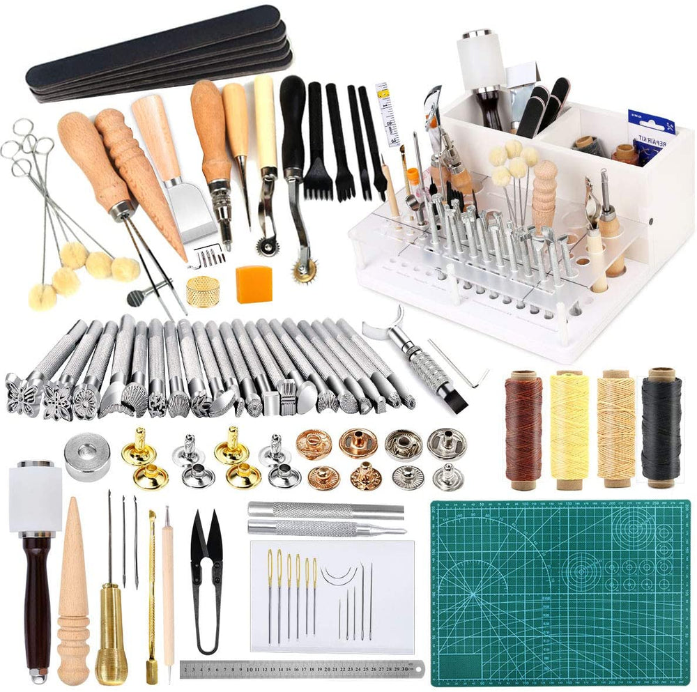 Leather Working Tools Kit - Leathercraft Kit Include Leather Tool Holder, Leather Rivets and Snaps Set, Leather Stamping Tools, Leather Crafting Tools Kit for Beginners to Professionals - Arteztik