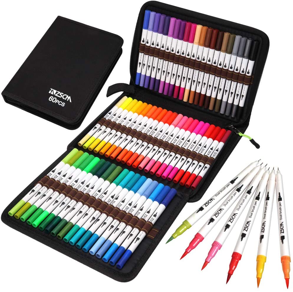 Soucolor Rotuladores de pincel artístico para libros de colorear para  adultos, 34 colores numerados de doble punta (pincel y punta fina),  rotulador