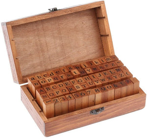 Juego de 70 sellos de madera con letras del alfabeto y número de bricolaje, con caja de madera - Arteztik