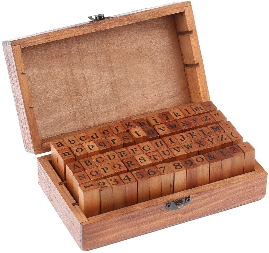 Juego de 70 sellos de madera con letras del alfabeto y número de bricolaje, con caja de madera - Arteztik
