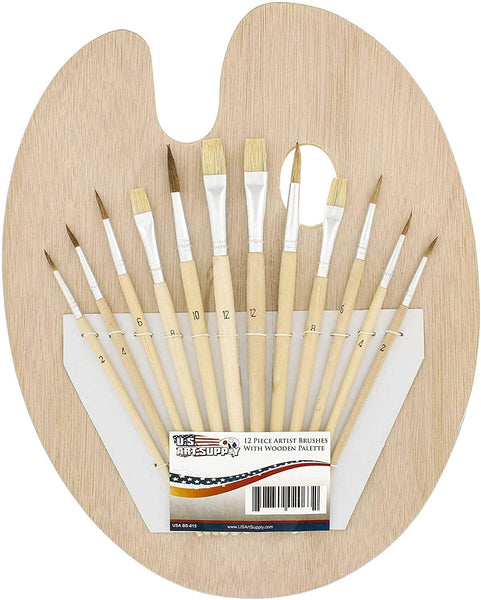 US Art Supply - Juego de pinceles (12 piezas, 9.0 x 12.0 in), diseño de paleta de madera - Arteztik