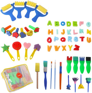 Lumsburry 59 esponjas de aprendizaje temprano para niños, kit de mini pinceles de pintura con 26 alfabetos ingleses, herramientas de dibujo (con delantal y caja) - Arteztik