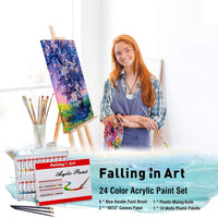 Falling In Art - Juego de pinturas acrílicas para artistas (34 piezas, con tubos de acrílico de 24 colores, 6 pinceles, paneles de lienzo de 9.0 x 12.0 pulgadas, 10 paletas portátiles y cuchillo de plástico para mezclas). - Arteztik