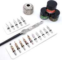 GC QUILL - Juego de bolígrafos de caligrafía de madera con 16 puntas de inmersión, 3 botellas de tinta y 1 soporte para bolígrafo, juego de caligrafía para principiantes - MU-04 - Arteztik
