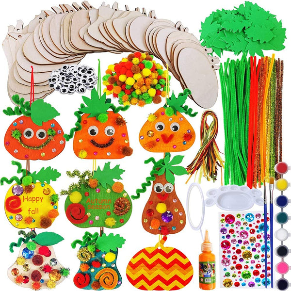 36 juegos de decoración de calabaza de otoño, calabaza, calabaza, calabaza, calabaza, calabaza, calabaza de madera, adornos, kit de manualidades, varios recortes de calabaza de madera pintables, pompones, ojos Googly para niños, otoño, Halloween, decoraci - Arteztik