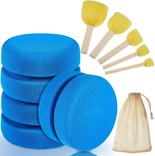 9 Pieces Paint Sponges Set, Including 5 Pieces Round Paint Sponges Wooden Handle Painting Applicator, 5 Sizes and 3 Pieces Round Sponge and Mesh Storage Bag for DIY Painting - Arteztik