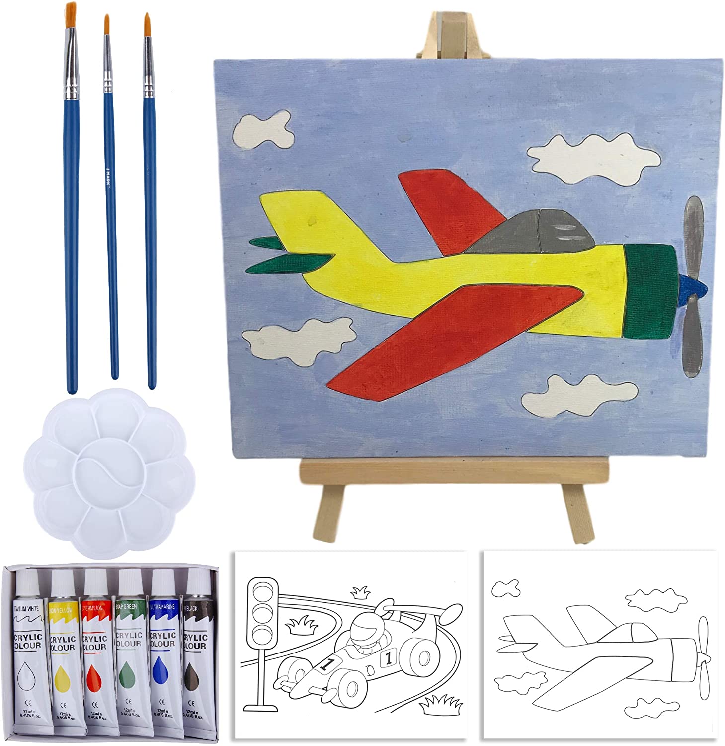 Juego de pintura para niños y caballete – Kit de pintura acrílica de 14  piezas, 6 pinturas lavables no tóxicas, 1 caballete de madera, 2 lienzos