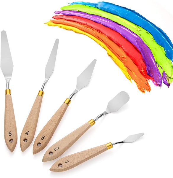 Juego de 5 paletas de cuchillos para pintura acrílica con mango de madera, suministros de pintura, paleta de cuchillos, herramientas para pintura al óleo, lienzo - Arteztik