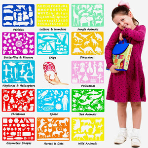 Kit de dibujo de plantilla para niños con estuche de transporte - 55 piezas con 280 formas de plantilla y lápices de colores - Artes y manualidades para viajes en el hogar - Divertido juguete creativo para niñas y niños de 3 a adolescentes - Arteztik