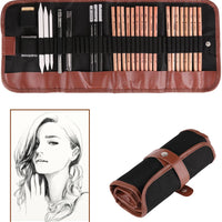 Powstro K Set de lápices de bocetos, 18 unidades, color carbón, bolsa de transporte de lápices de borrar para manualidades, cuchillo extensor de lápiz 29 piezas en total para principiantes artistas - Arteztik