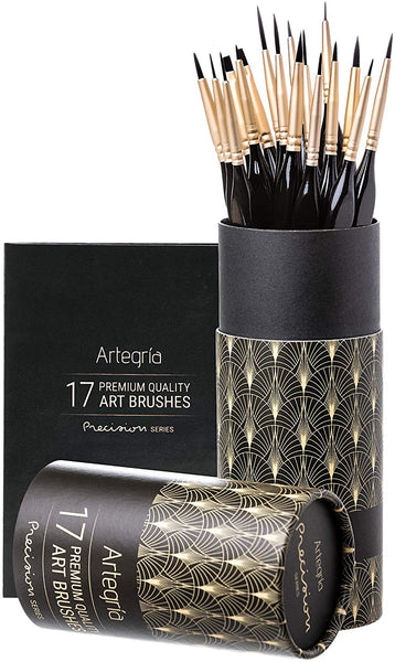 ARTEGRIA Detail Paint Brush Set - 17 Miniature Paint Brushes with Fine Tips, Ergonomic Handle, Dagger Brush for Small Scale Model Art and Paint by Numbers for Adults - Acrylic Watercolor Oil Gouache - Arteztik