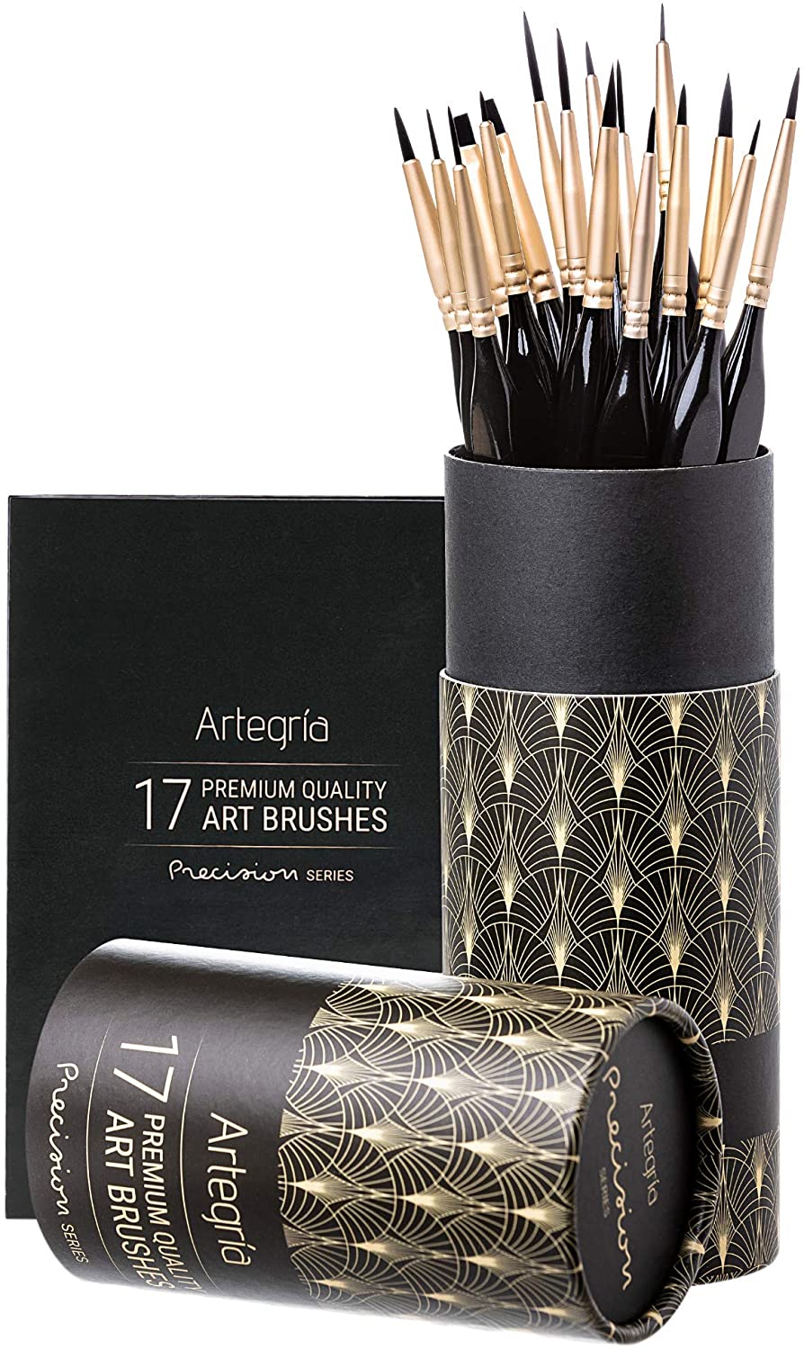 ARTEGRIA Detail Paint Brush Set - 17 Miniature Paint Brushes with Fine Tips, Ergonomic Handle, Dagger Brush for Small Scale Model Art and Paint by Numbers for Adults - Acrylic Watercolor Oil Gouache - Arteztik