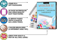 Kassa Juego de acuarelas – Kit de pintura para niños y adultos – El paquete incluye bolígrafo de agua (3 tamaños surtidos), papel de color de agua (30 hojas) y juego de pintura de acuarela (21 colores) - Arteztik
