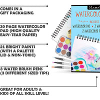 Kassa Juego de acuarelas – Kit de pintura para niños y adultos – El paquete incluye bolígrafo de agua (3 tamaños surtidos), papel de color de agua (30 hojas) y juego de pintura de acuarela (21 colores) - Arteztik