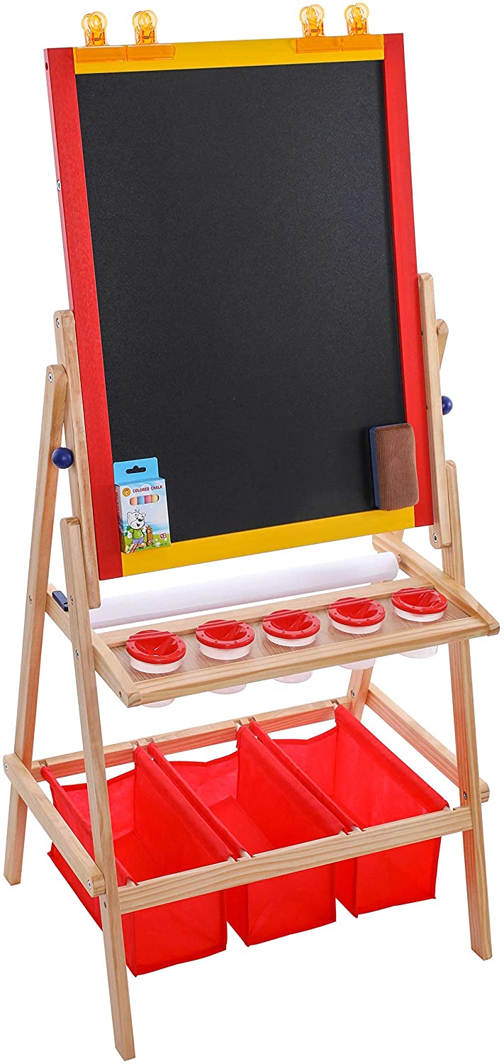 U.S. Art Supply - Caballete de pintura y dibujo para niños, doble cara, con  pizarra, borrado en seco, rollo de papel, 3 compartimentos de