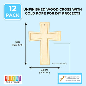 Cruz de madera sin terminar con cuerda dorada para proyectos de bricolaje (12 unidades) - Arteztik
