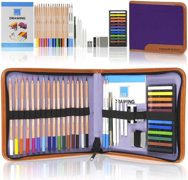 Juego de 40 piezas con 16 lápices de colores para dibujos, 12 pasteles suaves, 2 lápices de dibujo, almohadilla de dibujo y herramientas variadas en una funda de transporte con cremallera de lona - Arteztik