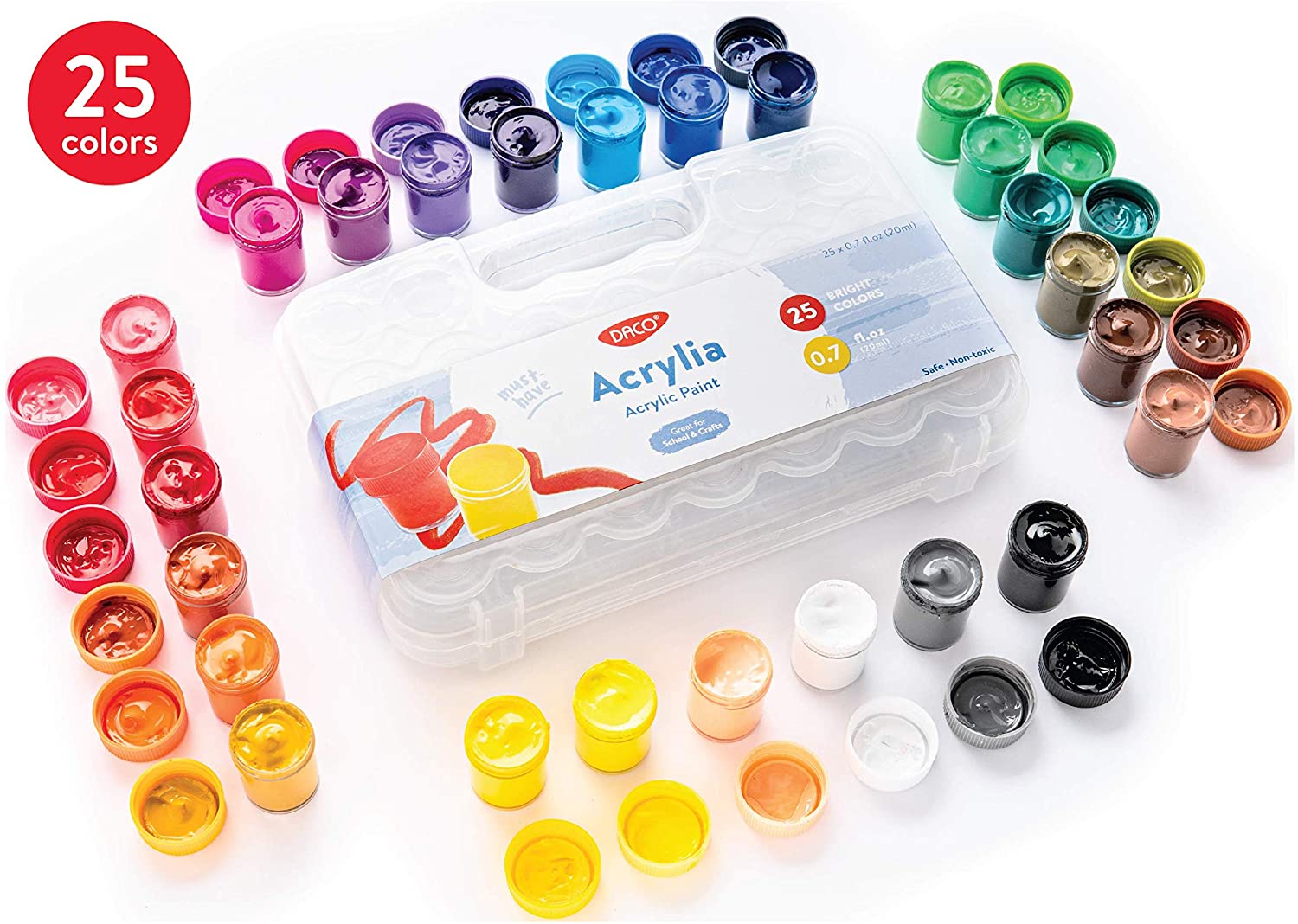 Juego de pintura acrílica para niños, 25 colores de 0.7 onzas líquidas (0.7  fl oz/tarro), kit de pintura acrílica con caja de almacenamiento, se puede
