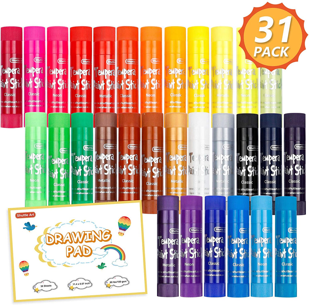 Tempera Barras de pintura, Shuttle Art 31 Pack Solid Tempera Juego de pintura, 30 colores con 1 almohadilla de dibujo para niños, lavable, secado súper rápido, funciona muy bien en papel, madera, vidrio, cerámica lienzo - Arteztik