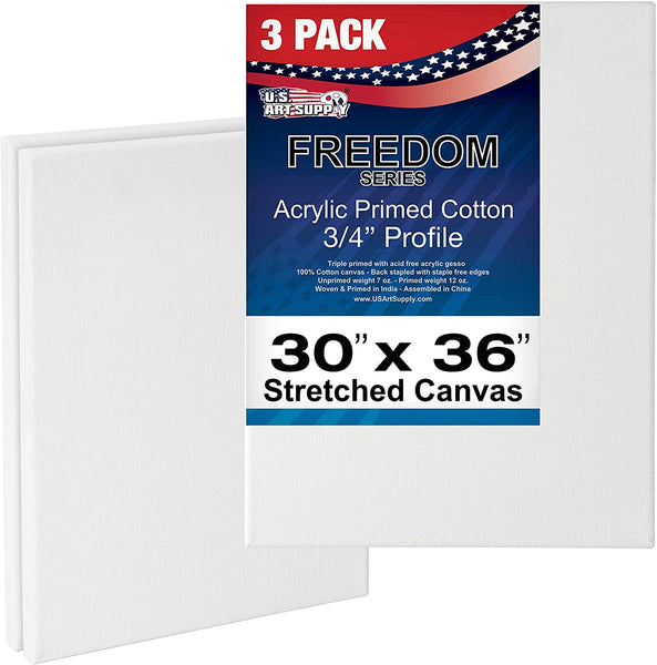 U.S. Art Supply 30 x 36 inch Stretched Canvas 12-Ounce Primed 3-Pack - Professional White Blank 3/4