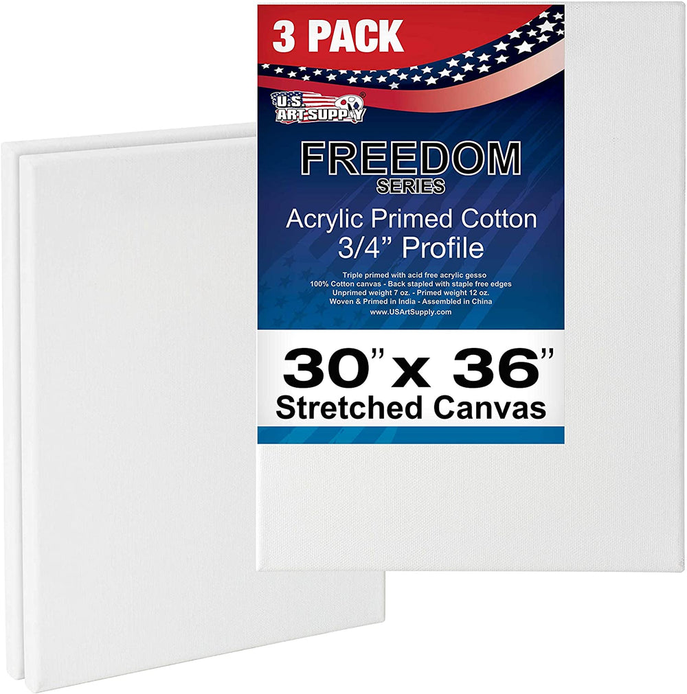 U.S. Art Supply 30 x 36 inch Stretched Canvas 12-Ounce Primed 3-Pack - Professional White Blank 3/4