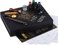 Gemba Art - Set de caligrafía para principiantes, sello de cera, 2 bolígrafos, 4 botellas de tinta diferentes para caligrafía, 14 hojas de trabajo con letras a mano, 11 puntas de pluma - Arteztik
