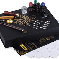 Gemba Art - Set de caligrafía para principiantes, sello de cera, 2 bolígrafos, 4 botellas de tinta diferentes para caligrafía, 14 hojas de trabajo con letras a mano, 11 puntas de pluma - Arteztik