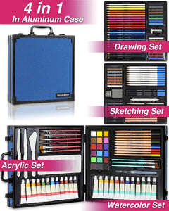 Colour BLOCK 151pcs suministros de arte de medios mixtos, 4 en 1 kits de módulos profesionales I conjuntos de pintura acrílica I conjuntos de pintura de acuarela I lápices de colores Kit I paquetes de dibujo para adultos, niños en caja de aluminio - Arteztik