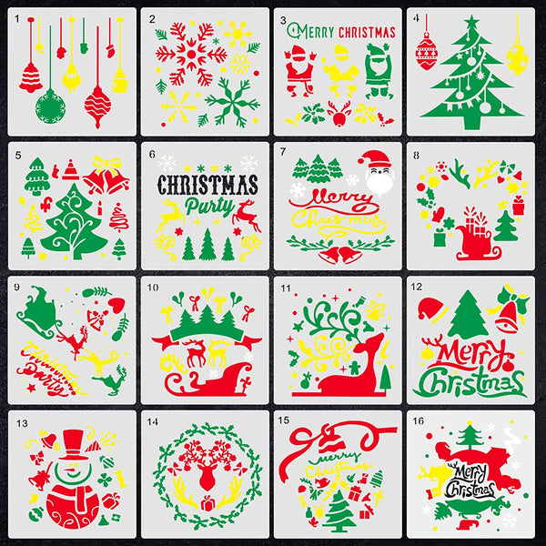 Plantillas de pintura huecas de Navidad Onlyoung – 16 plantillas reutilizables de plástico para dibujar pintura en aerosol, incluyendo árbol de Navidad, Papá Noel y reno (7 x 10.25 pulgadas) - Arteztik