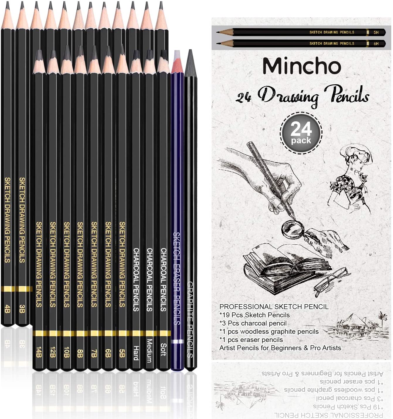 Lápices de dibujo premium – 24 piezas profesionales juego de lápices i