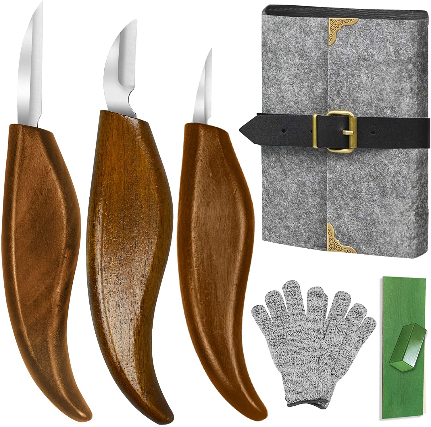 WAYCOM Wood Carving Whittling Knives Set with Deluxe Felt Leather Case