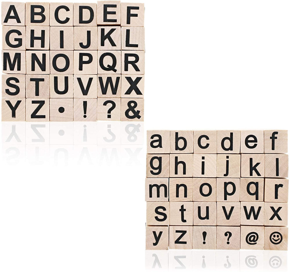 Juvale Alphabet - Sellos de goma de madera, letras superiores e inferiores con símbolos, 60 unidades - Arteztik