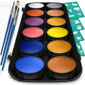 Kit de pintura para rostro y cuerpo vibrante – Juego de 12 colores con 3 pinceles, 12 impresionantes metales para todo tu rostro y arte corporal, no tóxico y cumple con la FDA con 30 plantillas artísticas - Arteztik