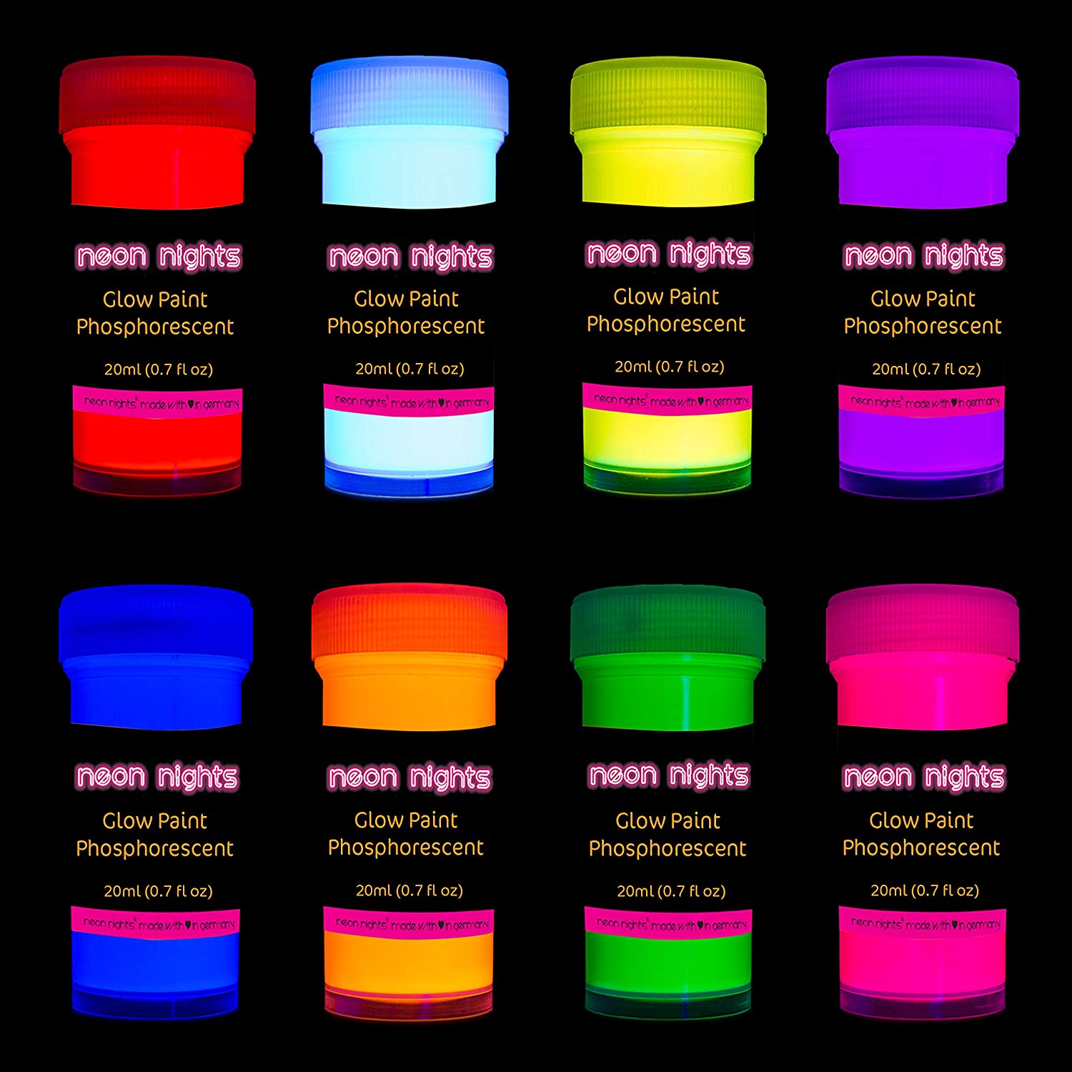 neon nights brilla en la oscuridad - pintura luminosa, fosforescente,  autoiluminante, 8 unidades