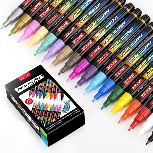 ZEYAR Premium bolígrafo de pintura acrílica, base de agua, punta extra fina, 18 colores, tinta opaca, sin olor, sin ácido y seguro de usar, respetuoso con el medio ambiente. - Arteztik