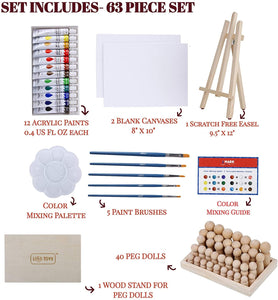 Art Canvas Paint Set Supplies - Kit de pintura acrílica de 63 piezas con caballete de madera y peg Dolls, lienzos de 8 x 10 pulgadas, 12 pinturas lavables no tóxicas, 5 pinceles, paleta y guía de mezcla de colores - Arteztik