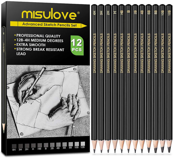 MISULOVE - Juego de lápices de dibujo profesional, 12 lápices de grafito (12B - 4H), ideal para dibujar artes, bocetos, sombreado, para principiantes y artistas profesionales. - Arteztik