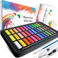 Emooqi - Juego de pintura de acuarela con 36 colores de pigmento, 2 bolígrafos de línea de gancho, 2 pinceles de agua, almohadilla de papel de acuarela, para artistas, pintura, profesionales, principiantes - Arteztik