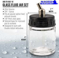 Master Airbrush (Pack of 10) TB-002 Empty 3/4 Ounce (22cc) Glass Jar Bottles with 30° Down Angle Adaptor Lid Assembly - Fits Dual-Action Siphon Feed Airbrushes, Use with Master, Badger, Paasche, Iwata - Arteztik
