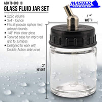 Master Airbrush (Pack of 10) TB-002 Empty 3/4 Ounce (22cc) Glass Jar Bottles with 30° Down Angle Adaptor Lid Assembly - Fits Dual-Action Siphon Feed Airbrushes, Use with Master, Badger, Paasche, Iwata - Arteztik