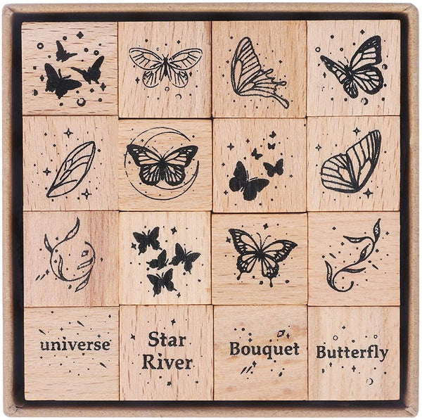 UCEC 16 piezas de sello de mariposa, sellos de goma de madera, lindo juego de sellos de artesanía vintage para manualidades, decoración de tarjetas, alas de mariposa y estrellas - Arteztik