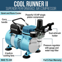 Master Airbrush 1/5 HP Cool Runner II Dual Fan Air Compressor Kit Model TC-320 - Professional Single-Piston with 2 Cooling Fans, Longer Running Time Without Overheating - Regulator Water Trap, Holder - Arteztik
