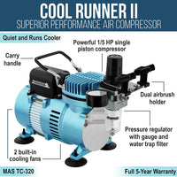 Master Airbrush 1/5 HP Cool Runner II Dual Fan Air Compressor Kit Model TC-320 - Professional Single-Piston with 2 Cooling Fans, Longer Running Time Without Overheating - Regulator Water Trap, Holder - Arteztik